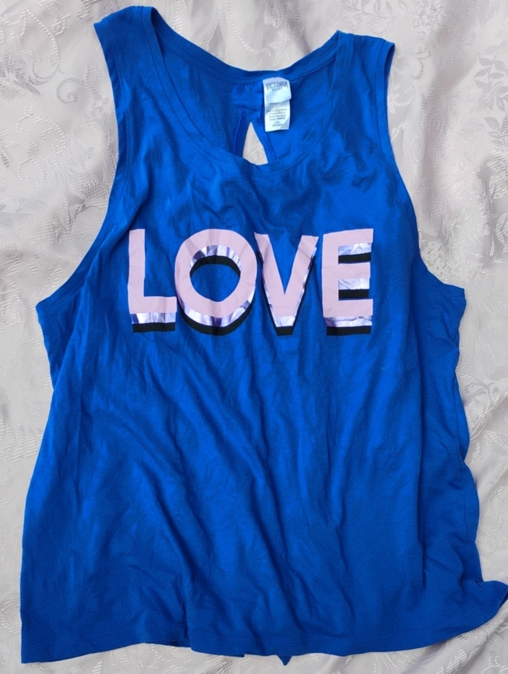 Victoria Sport, Blue Tank Top with 'LOVE' Graphic, Size Large